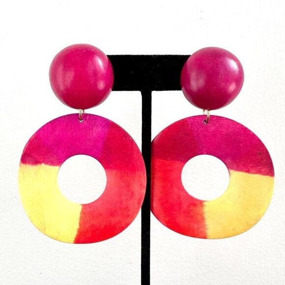 Vintage 1980's Wooden Circular Drop Pierced Earrings Multi Color Light Weight - Picture 1 of 6